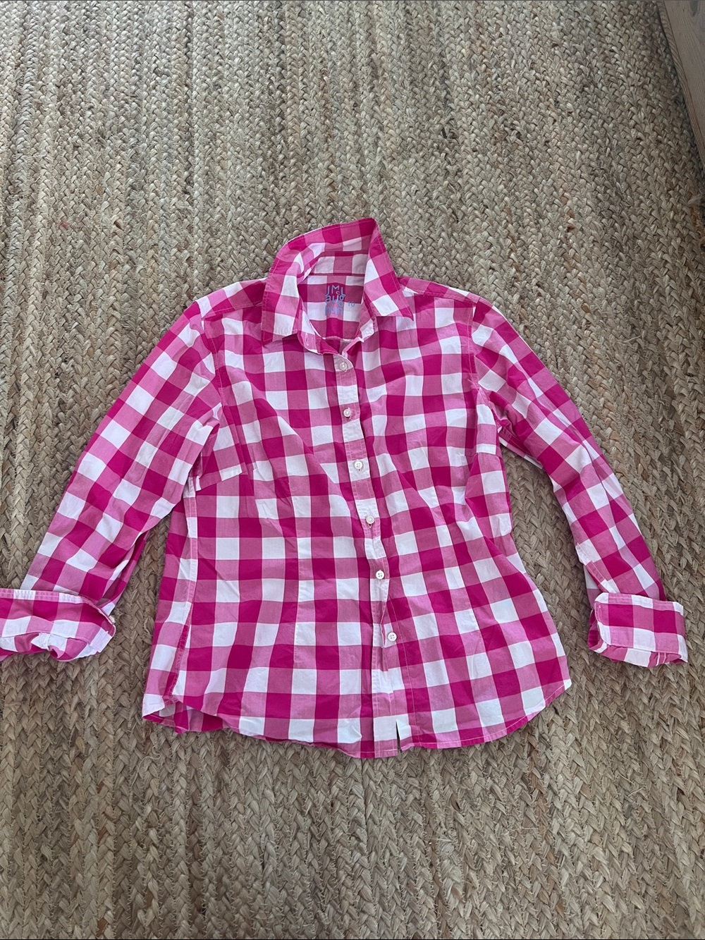 J McLaughlin Women's Pink and White Gingham Button-Up Shirt size 10 EUC